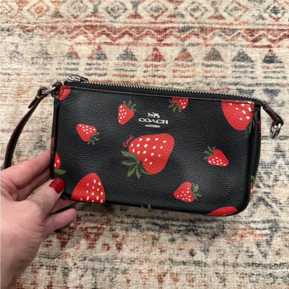 Coach Black Wristlet with Red Strawberry Design